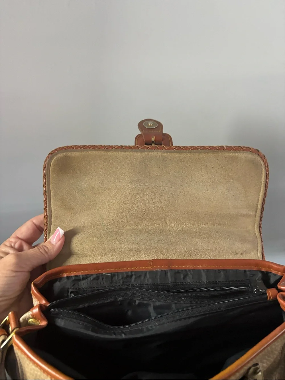 Vintage Dooney & Bourke All-Weather Leather taupe and British tan handbag